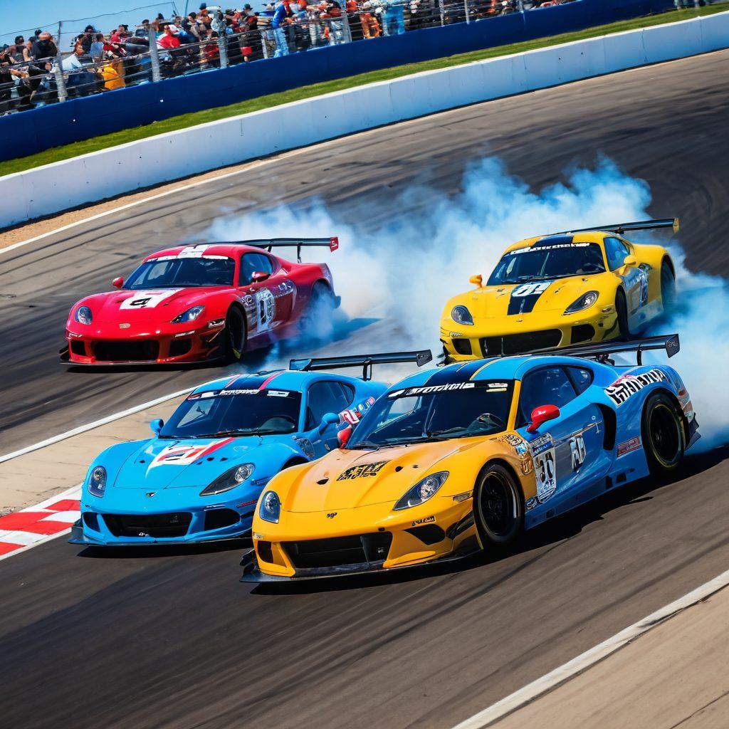 A high-speed scene capturing the thrill of automobile racing at a Midwestern motorpark, with colorful race cars zooming around a dynamic track under a bright blue sky. Include excited spectators cheering in the stands, vibrant flags waving, and tire smoke filling the air, all showcasing the adrenaline rush of motorsports. The composition should convey motion and passion, emphasizing the culture around racing. super-realistic. vibrant colors. 3D.