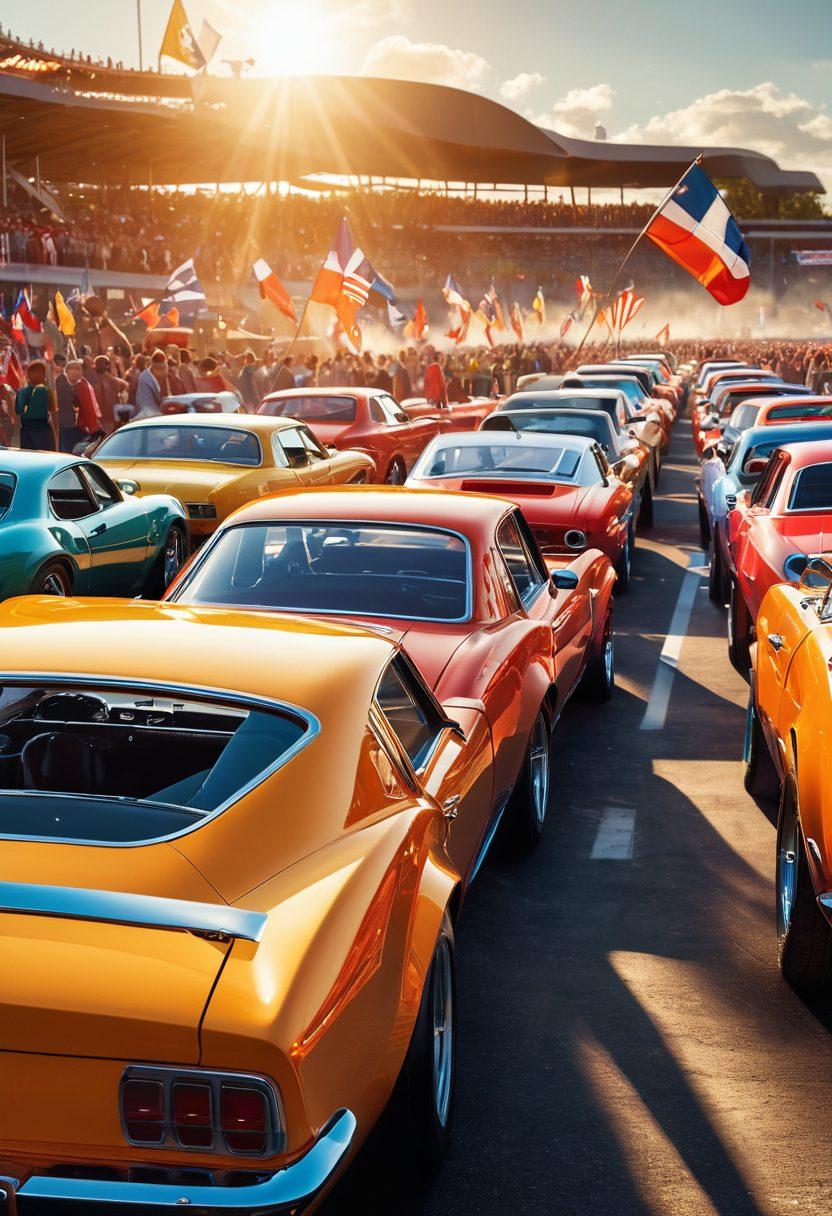A dynamic scene capturing a diverse group of car enthusiasts passionately interacting at a vibrant motorpark, showcasing various classic and modern cars with vivid colors. Include elements of racing flags, the excitement of people cheering, and some mechanics working on vehicles in the background. Sunlight gleaming on polished car surfaces enhances the atmosphere. 3D. vibrant colors. action-packed.