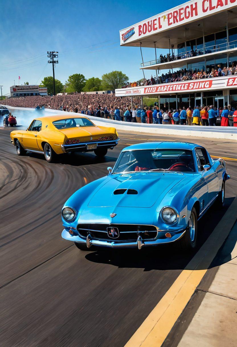 An exhilarating scene capturing a vibrant Midwestern speed event, featuring classic and modern race cars zooming down a sunlit track lined with cheering fans. In the background, a clear blue sky merges with the excitement of smoke and tire tracks, while a retro diner subtly hints at the local car culture. Include details like colorful banners and a vintage gas station to enhance the nostalgic feel. super-realistic. vibrant colors. dynamic composition.